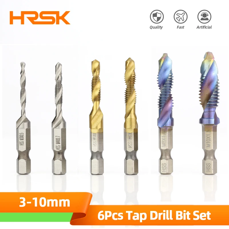 6PCS HSS Titanium Plating Drill Tap Combination Bits for Drilling and