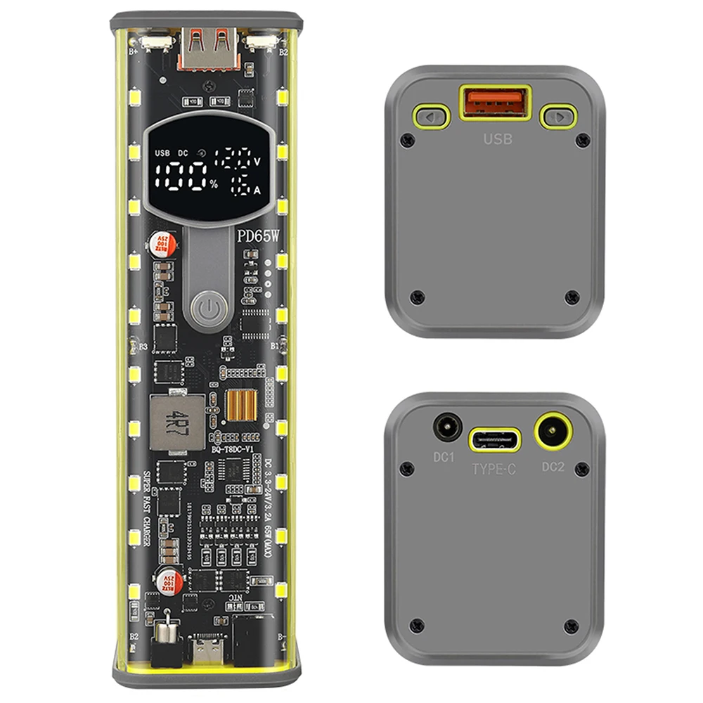 PD 65W Superschnelles Laden Transparentes Powerbank-Gehäuse Lötfreie 8-Zellen 18650 Batteriebox DC-Spannung Einstellbar – Detail 3