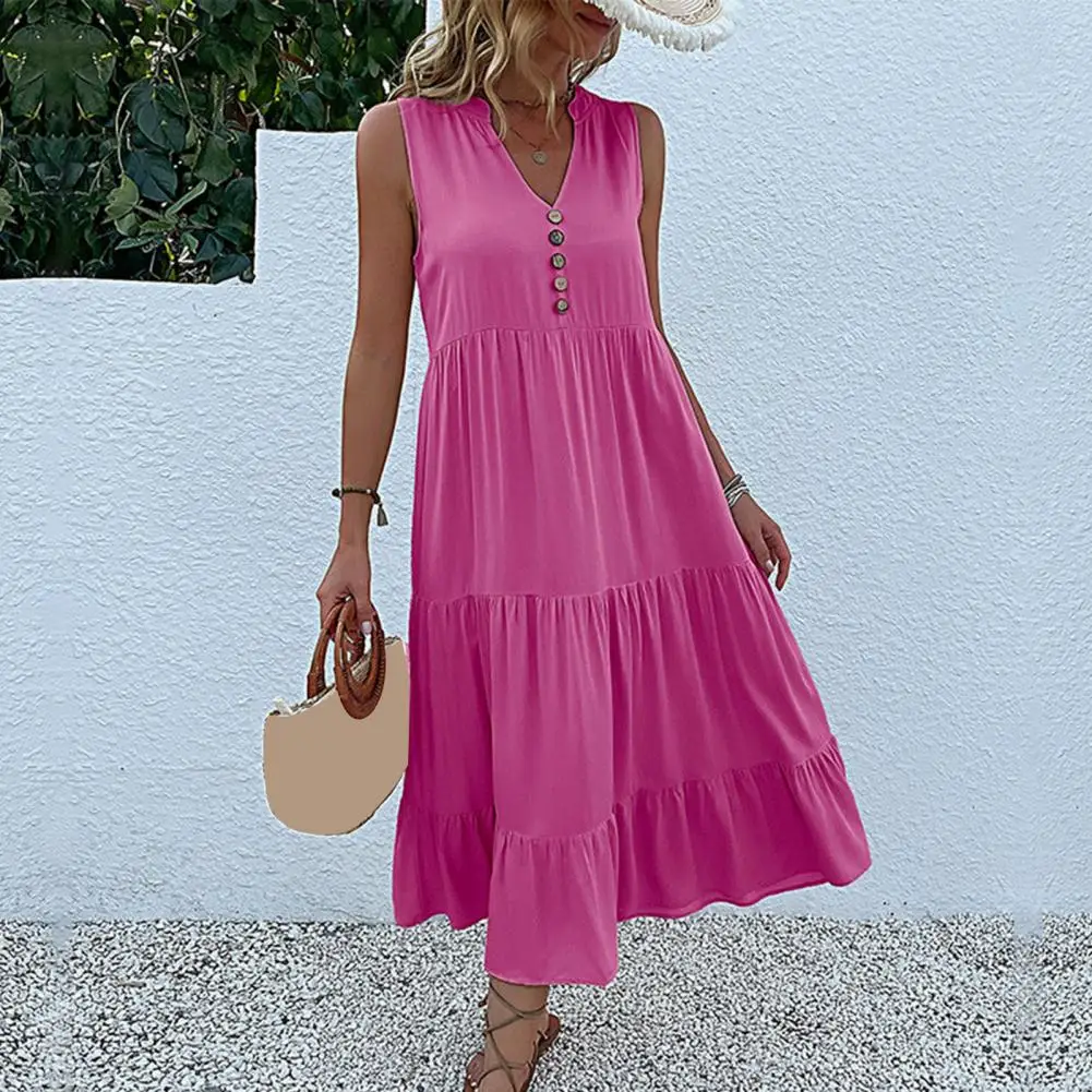 

Button Decor Dress Breathable Dress Elegant V Neck Midi Dress with Button Decor A-line Hem for Women Soft Flowy Vacation Beach