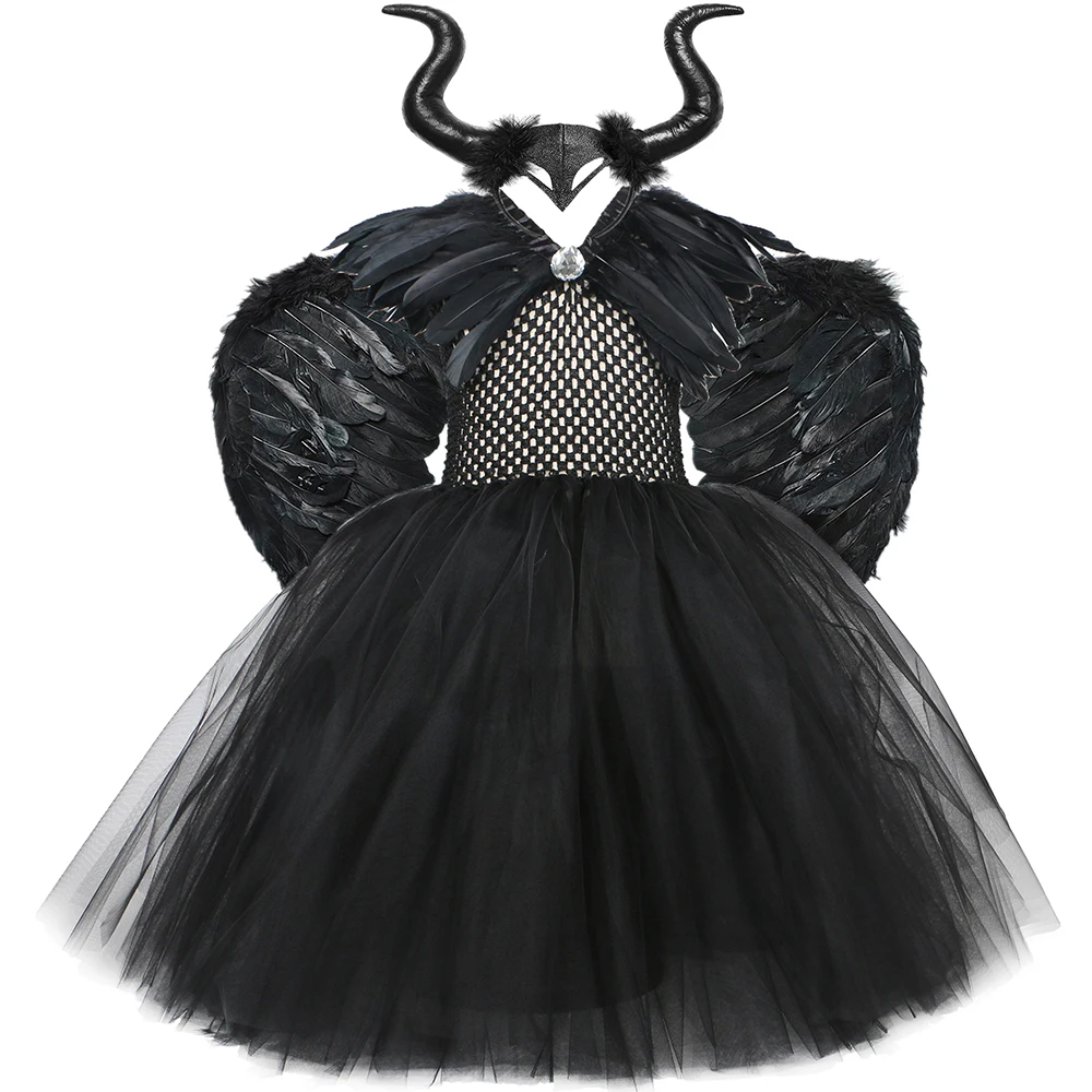 Black Girls Evil Queen Tutu Dress Devil Witch Cosplay Halloween Costume for Kids Fancy Carnival Clothes with Horns Feathers Wing