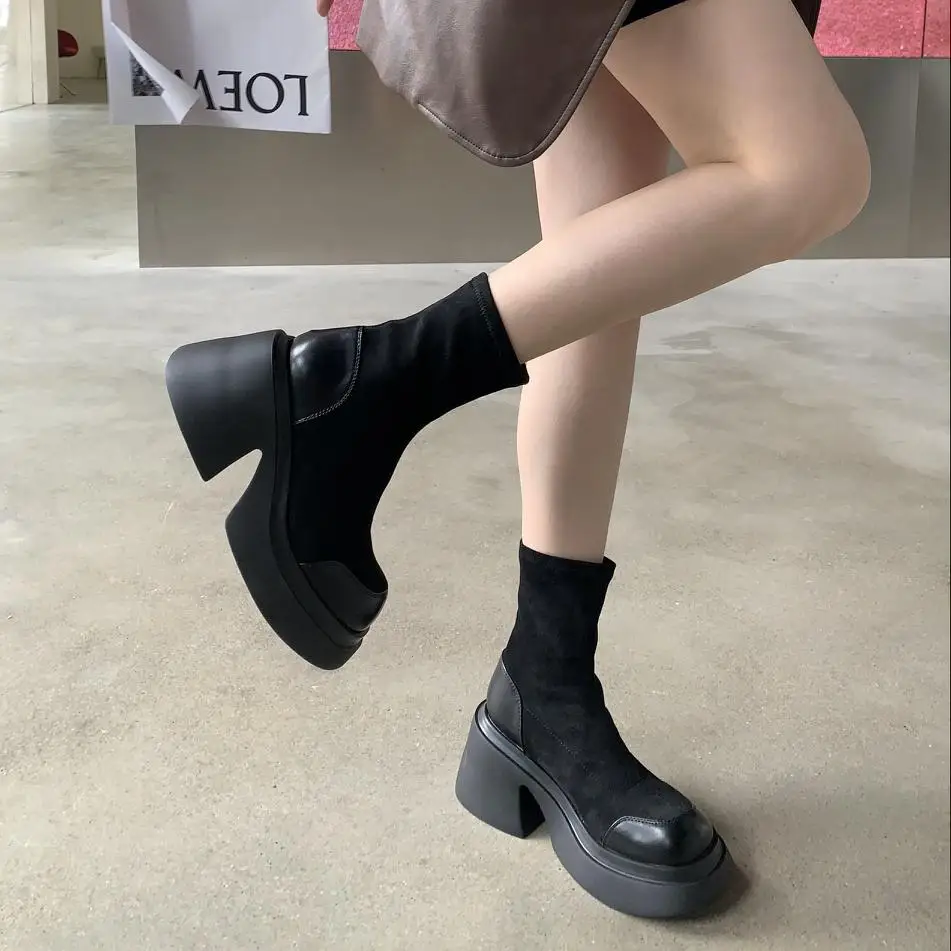 

Student platform wedge boots Ankle chunky Goth comfort punk shoes Increase stretch ankle boots Doc Martens boots