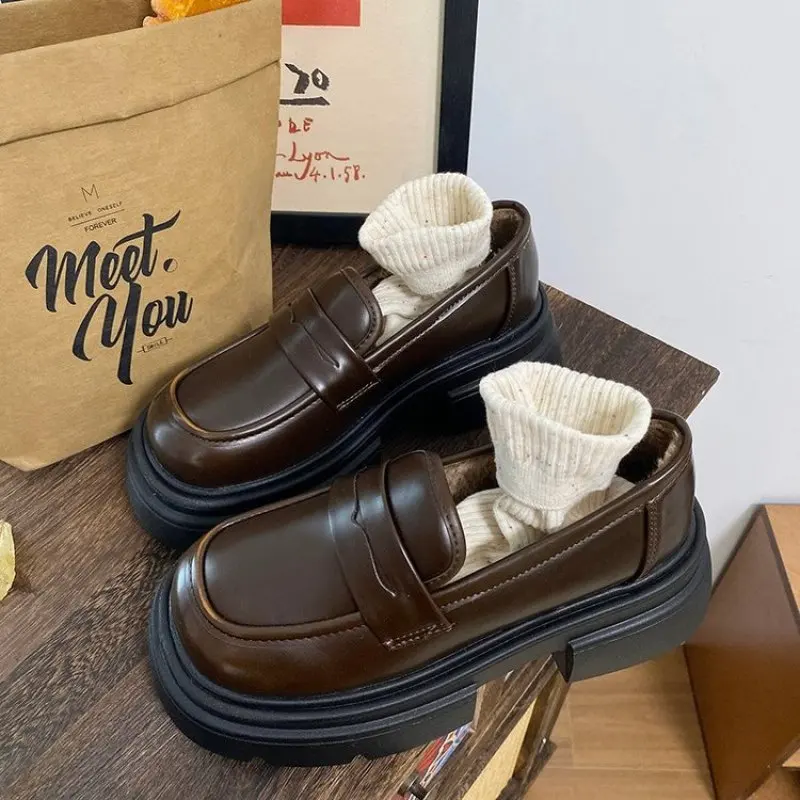 Leather Platform Loafers Woman British Style Thick Heels Oxfords Shoes Women Slip On College Gothic Shoes Fashion Vulcanized New