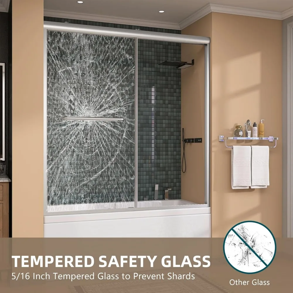 Double Sliding Bathtub Door for Shower Semi Frameless Bypass Glass Shower Doors for Bath Tub with Tempered Glass Brushed 3