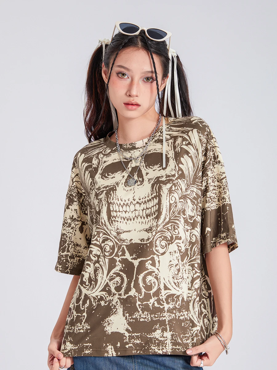 

Vintage Women Short Sleeve T-Shirts Skull Print Crew Neck Oversized Shirts Summer Casual Loose Tops Streetwear