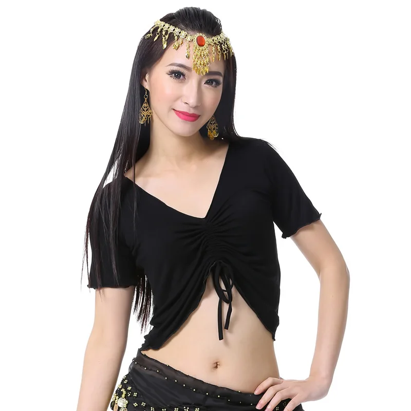 

Wholesale Hight Quality Women Girls Practice Costume Draw The Rope Strap Fold Short Sleeve Belly Dance Top