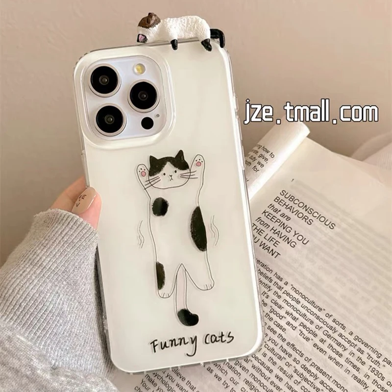 3D Funny Cat Cartoon White Acrylic Phone Case