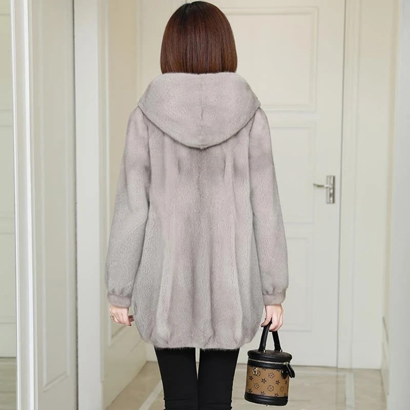 Loose Oversized Hooded Fur Coat Women Imitation Mink Midi-Length Winter Jacket Windproof Thick Long Sleeve Vintage Plus Size