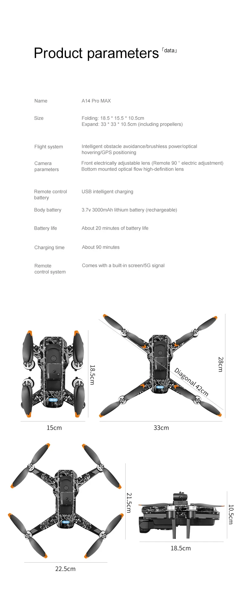 Xiaomi A14 Pro max GPS Brushless 8K Triple Camera HD Optical Flow Intelligent Ob