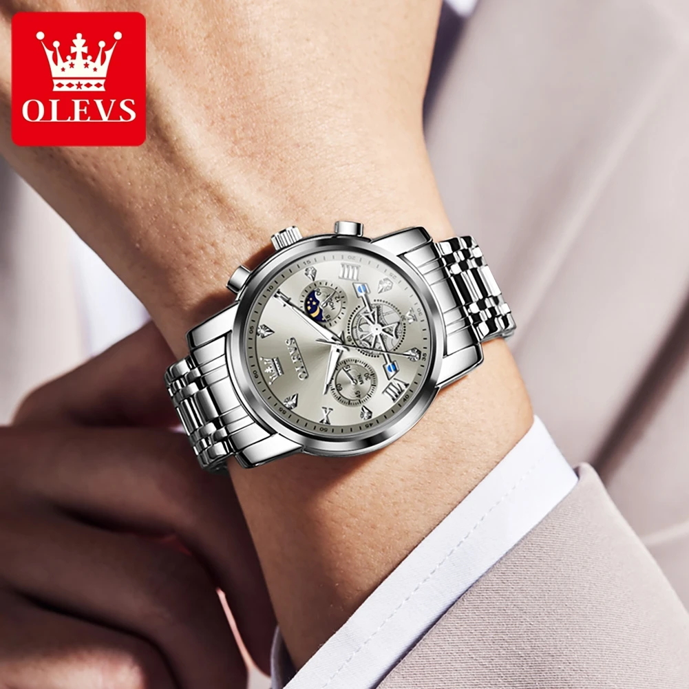 OLEVS Top Brand Men's Watches Classic Three Eyes Style Stainless Steel Quartz Watch Waterproof Luminous Moon Phase Wristwatch
