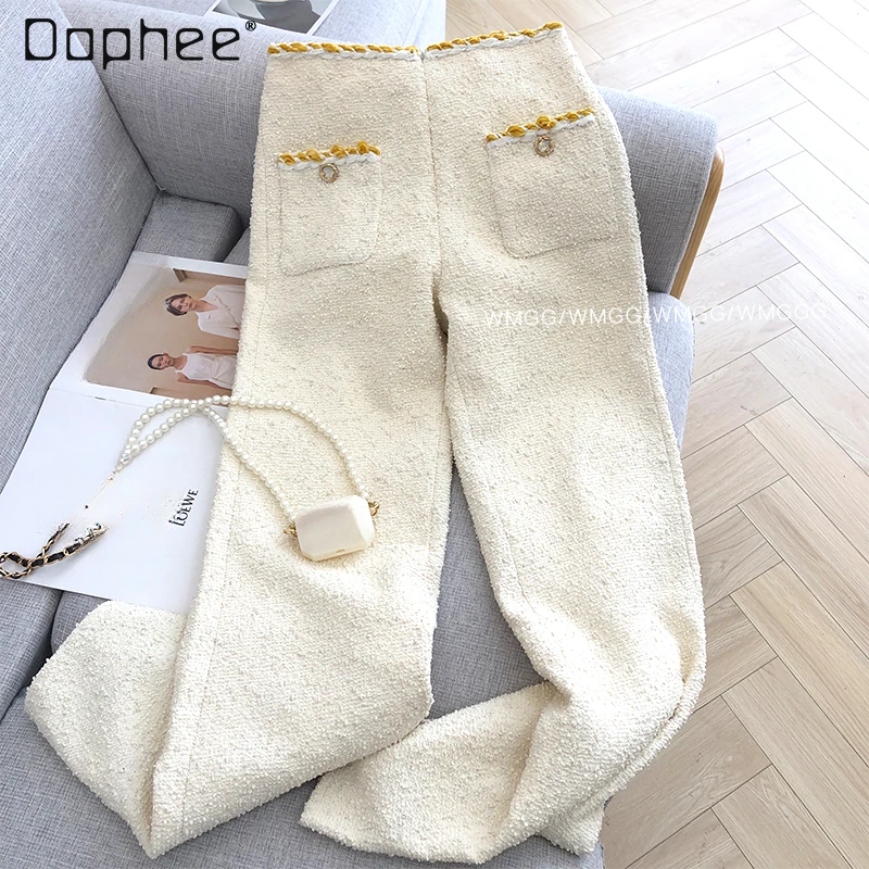 Casual Apricot Woolen Woven Trousers for Women 2023 Autumn and Winter New French Retro High Waist Slim Flare Pants Femininas women straw woven waist belt elastic retro waistband wide braided stretching dress belt expandable stretch belts webbing strap