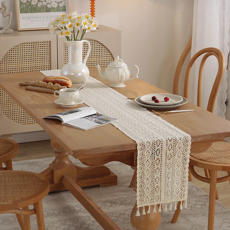 Boho Beige Table Runner, Vintage Farmhouse Bohemian Crochet Macrame Table Runner for Wedding Party Coffee Dining Table Decor