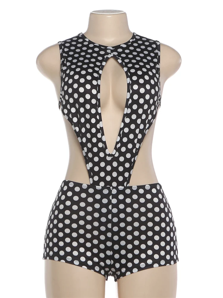 Nibber Hottie Street 2 Piece Set Woman Polka Dot Print o-Neck Hollow Design Bodysuits+Skinny Peach Hip Shorts Sexy Fashion Suits