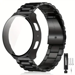 Premium Stainless Steel Watch Band with Tempered Glass Case Cover - Universal 44mm/40mm Replacement Strap - Galaxy Watch4 5 44mm (Black)