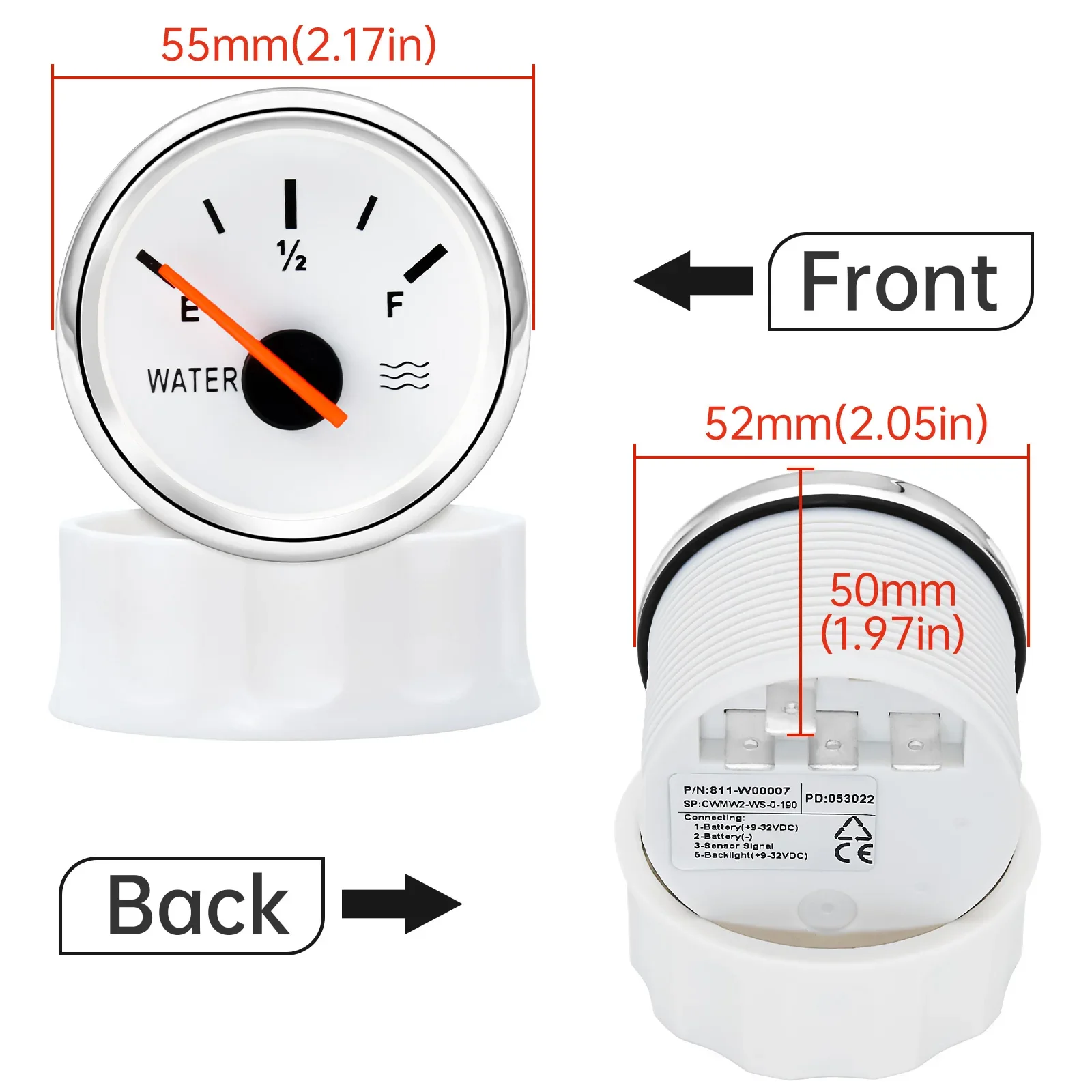 52mm Water Level Gauge+Water Level Sensor 100-500mm Water Tank Meter Indicator W