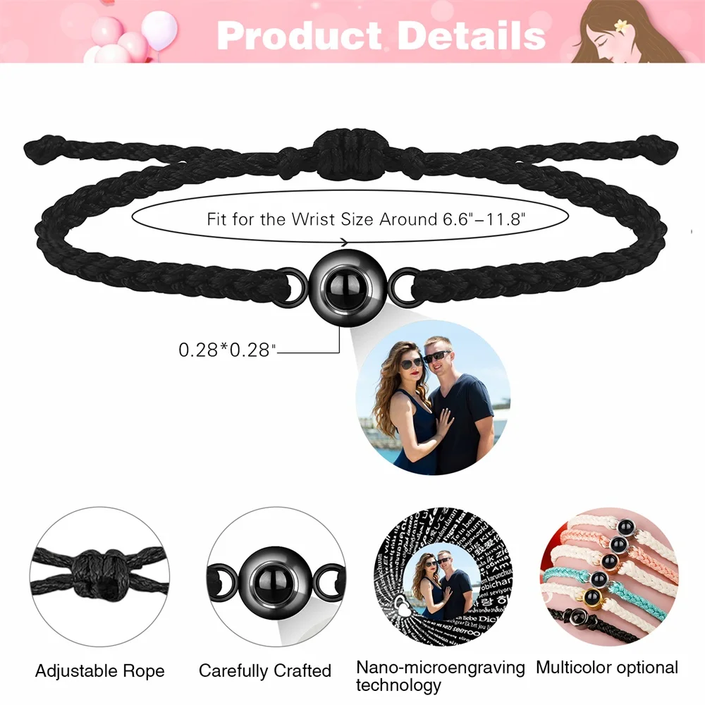 Custom Photo Bracelet for Couples Personalized Projection Bracelet  Customized Photo Projection Bracelet Adjustable Handmade Braided Rope Wrist  Bangle
