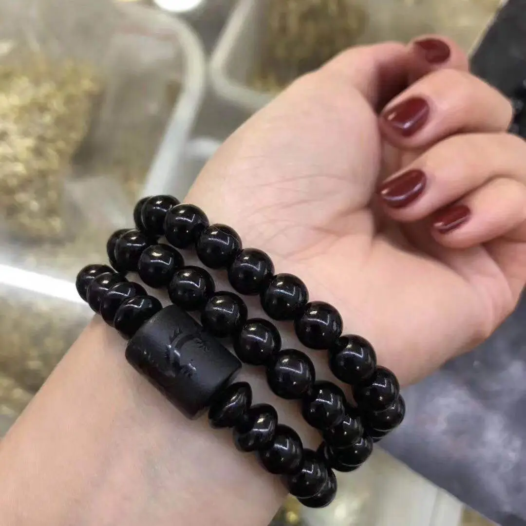 Black Obsidian Bracelet Buddhist Prayer Blessing Stone Ball Beads Jewelry Gift Frosted Dragon Phoenix Present