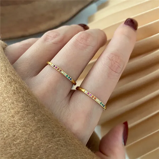 2 pièces/ensemble en acier inoxydable couleur arc-en-ciel cubique Zircon pierre bagues pour femmes INS couleur or étanche étoiles anneau bijoux