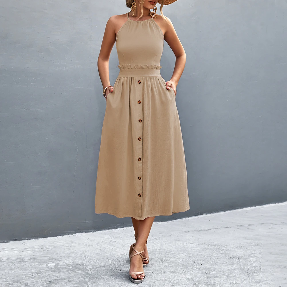 

Women Summer 2023 Sexy Elegant Round Neck Button Pocket Halter Neck Sleeveless Backless Ties Casual Swing Dress