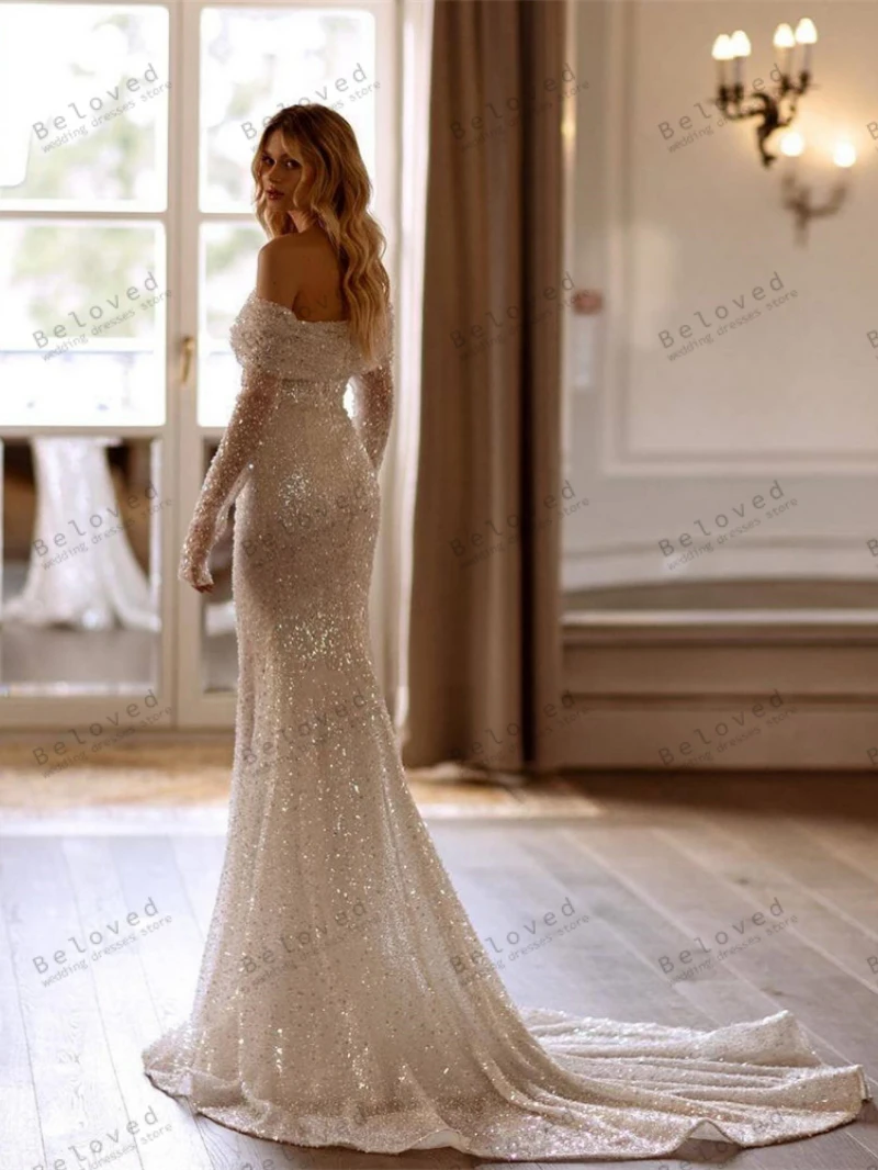 Glitter Wedding Dresses Glamorous Bridal Gowns Off The Shoulder Mermaid Sweep Train Robes Sequin Vestidos De Novia Customized 2