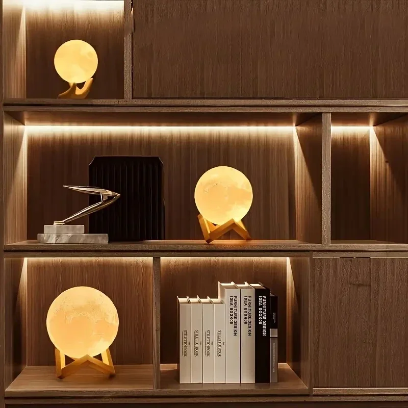 1pc Modern Moon Lamp, USB Powered Desk Light withAdjustable Brightness, Push Button Control, Wooden Base, Eye-Caring