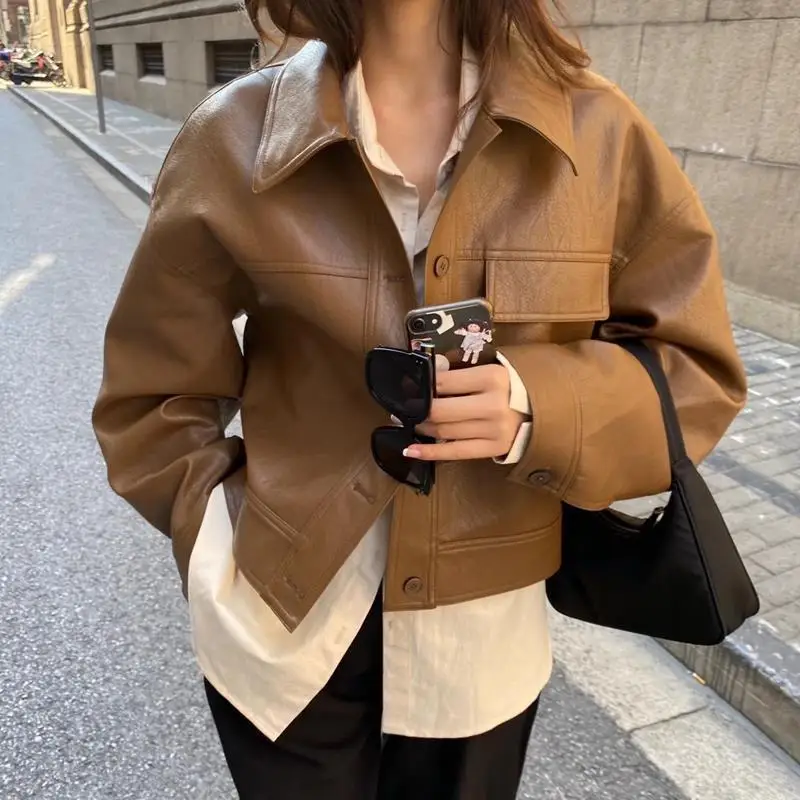 

Korea Fashion Pocket PU Leather Jacket Women Autumn Loose Motorcycle Biker Coat Female Outerwear Veste Femme Tops Streetwear