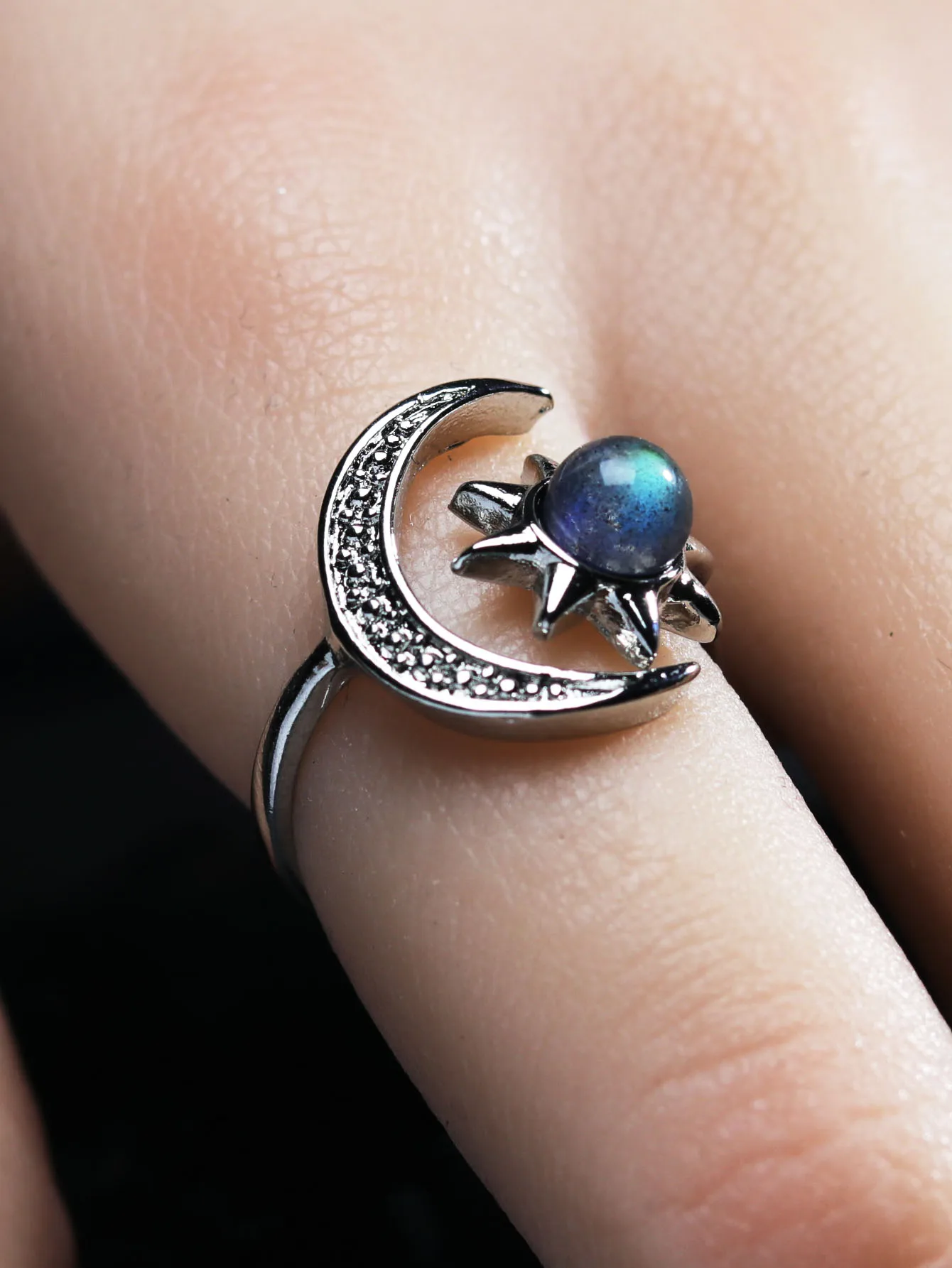 Charming Elegant Natural Labradorite Sun and Moon Shape Alloy Ring for Women Wedding Party Fashion Luxury Jewelry Christmas Gift finger ring