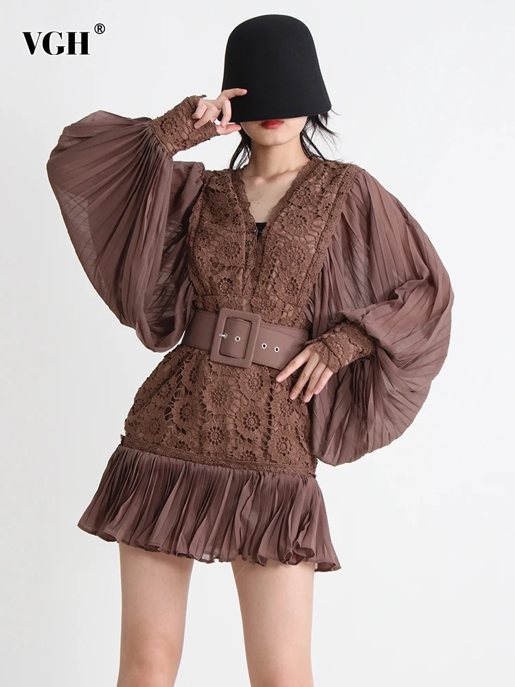 

VGH Embroidery Hook Flower Dresses For Women V Neck Long Sleeve High Waist Patchwork Belt Ruffles Elegant Dress Female Summer