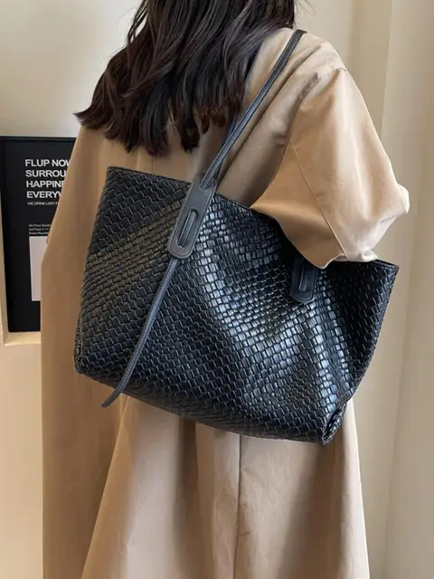 Retro Fashion Classic Solid Color Pu Woven Rhombic Lattice Design Double Handle Single Shoulder Large Capacity Tote Bag 4