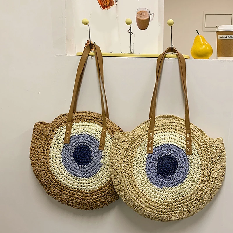 Straw Bag Women Hand-Woven Handbag Round Shape Rattan Bag Big Capacity Casual Beach Shoulder Crossbody Bag