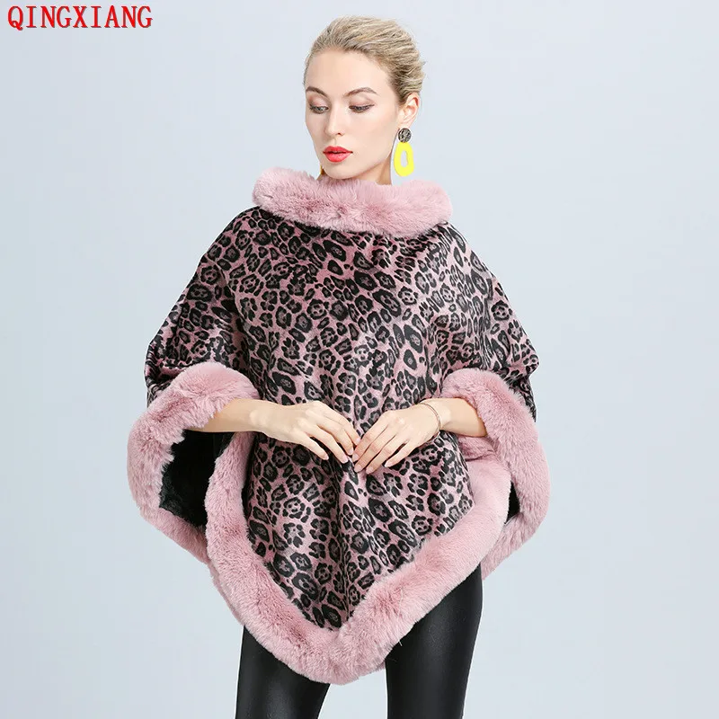 5 Colors Winter Faux Rabbit Fur Out Streetwear Women Velvet Capes O Neck Poncho Cloak Leopard Printed Warm Pullover Shawl Coat 6 colors women faux rabbit fur pompon triangle pullover streetwear shawl coat winter thick loose poncho capes o neck ball cloak