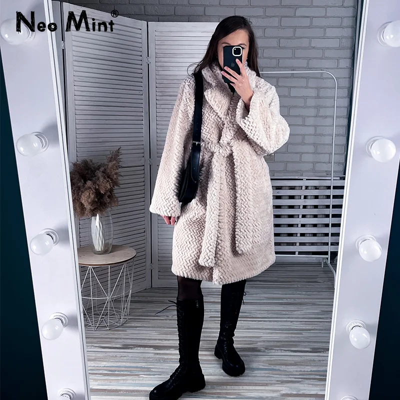 

Elegant Ladies Belted Long Trench Fur Coat Women Winter 2023 New Chic Solid Knitted Faux Rabbit Fur Jacket Thick Warm Outerwear