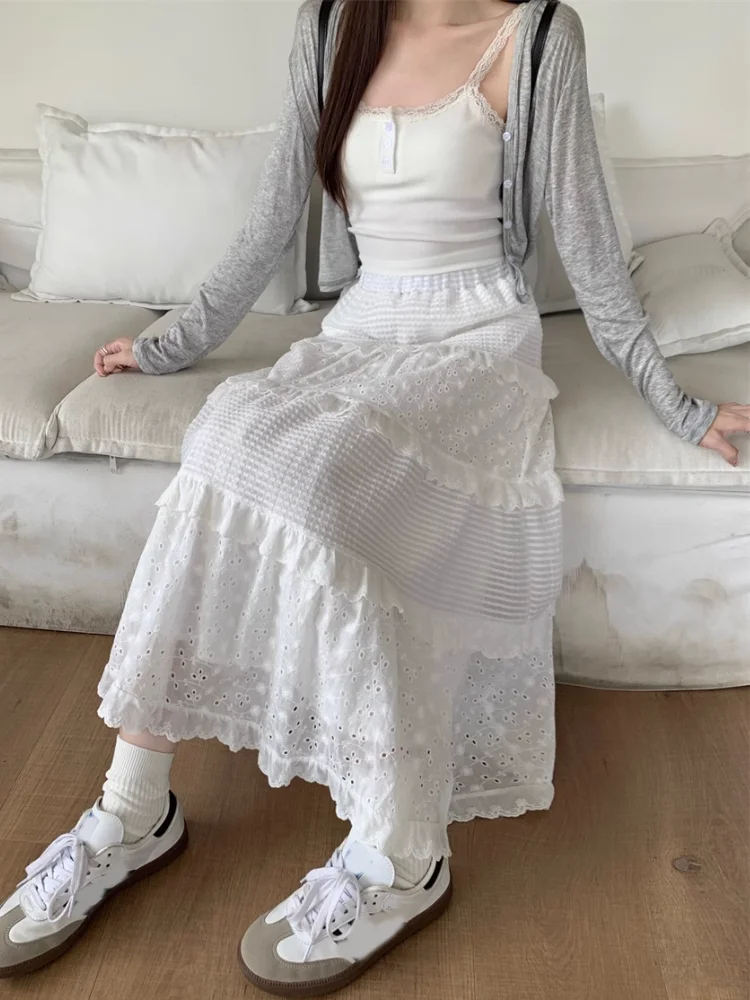 White Hollow Long Cake Skirt Women Spring High Waist Lace