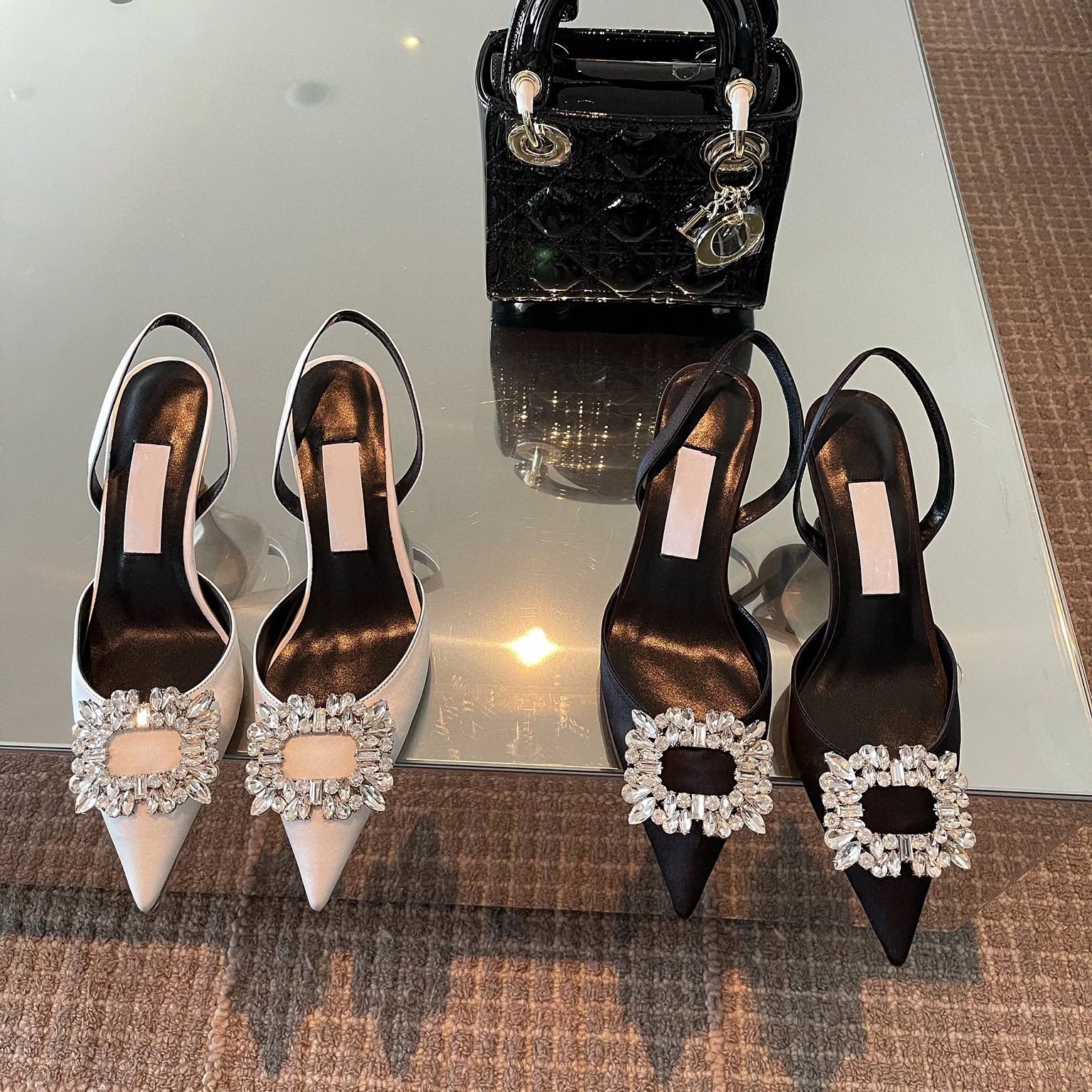 

2022 New High-heeled Rhinestone Square Buckle Pointed Toe Sandals Women's Stiletto Side Empty Back Strap Women's Shoes