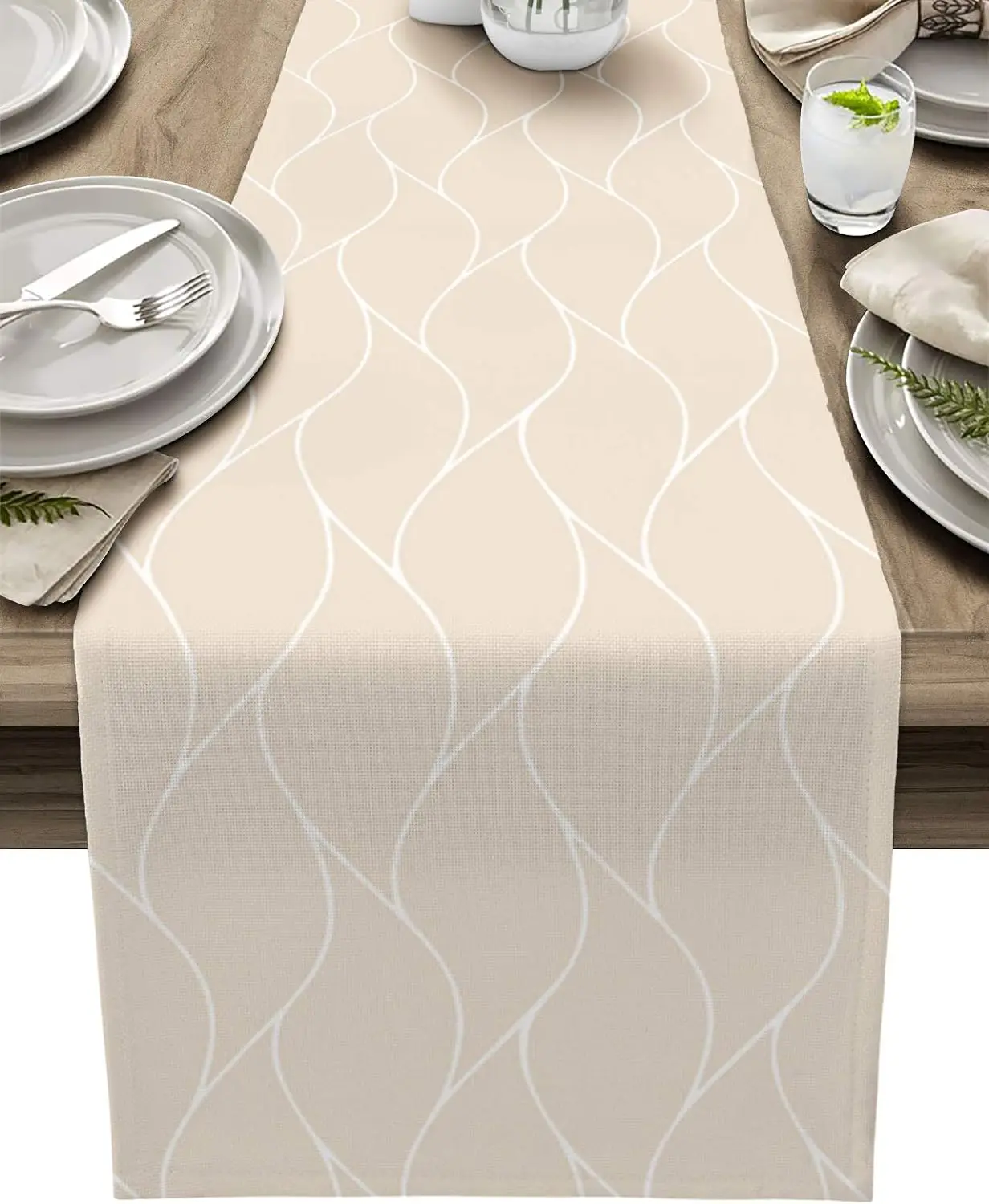 

Beige Linen Table Runners Modern Abstract Wave Stripe Dresser Scarf Table Decor Washable Farmhouse Holiday Dining Table Decor