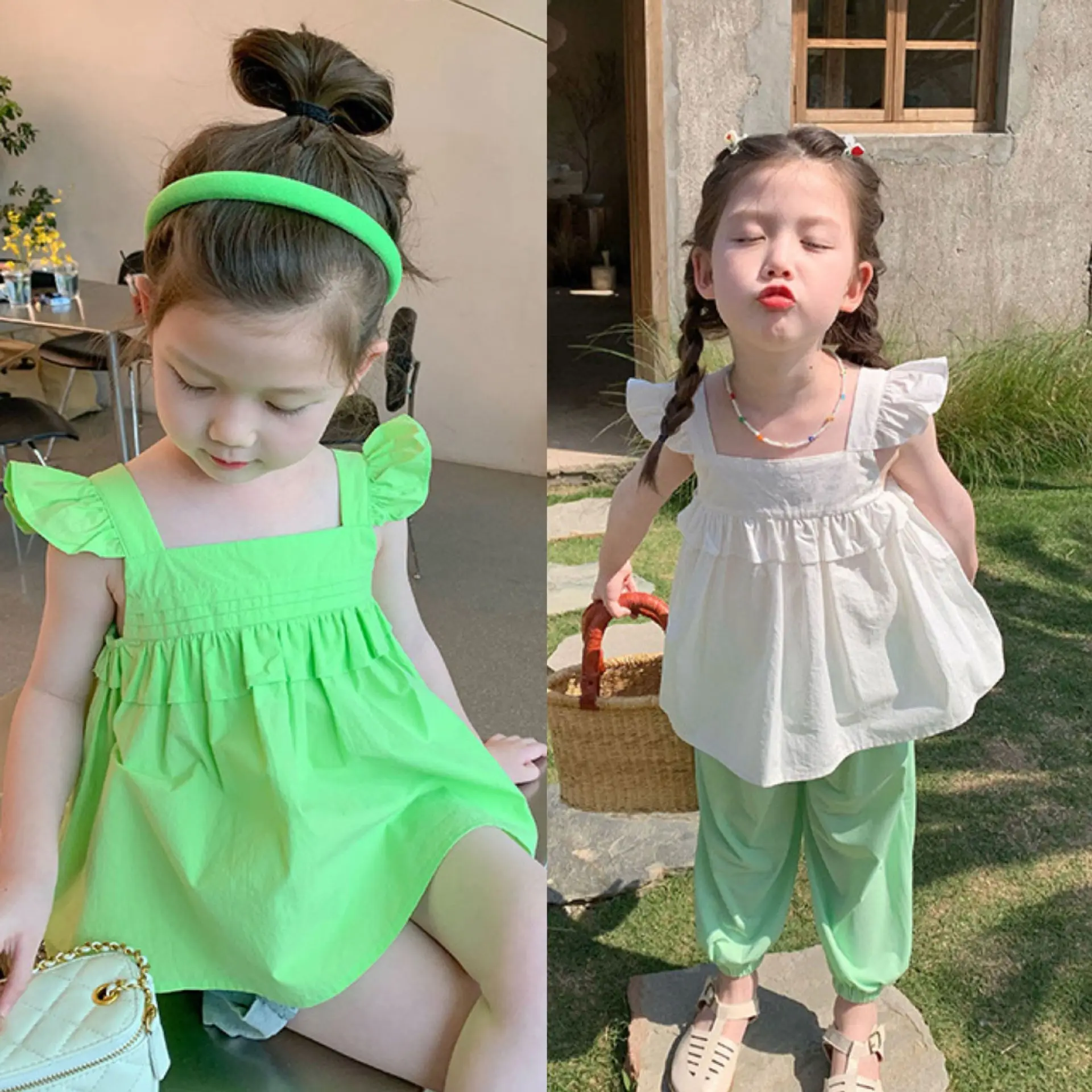 

2023 Newly Kids Clothes Girls Sister White and Green Beautiful Shirt Princess Summer Shirt
