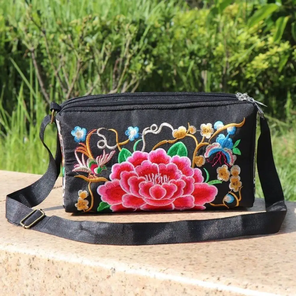 

Ethnic Style Embroidery Bag Fashion Double Sided Canvas Messenger Bag Women Three Zipper Shoulder Crossbody Bag