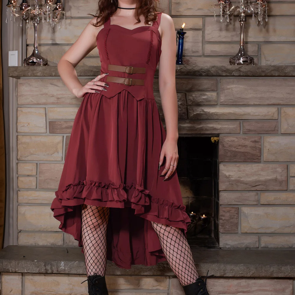 

SD Womens Gothic Steampunk Dress Ruffle High Low Hem Vintage Sleeveless Dresses Renaissance Festival Sweetheart Neck Dress A30