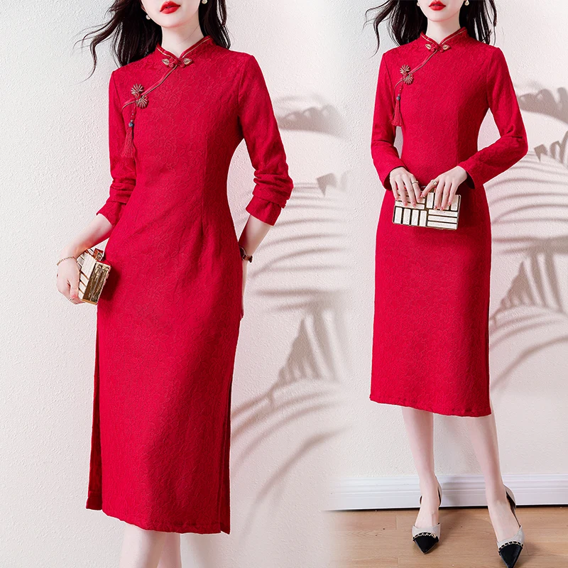 

New Long Sleeve Lace Retro Improved Red Cheongsam Chinese Traditional Qipao Dress CNY Robe Chinoise