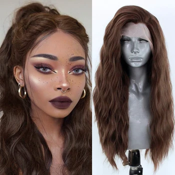 AIMEYA parrucca anteriore in pizzo sintetico ondulato lungo parrucca sintetica per capelli castani parrucche in pizzo per le donne parrucche frontali cosplay con linea sottile naturale