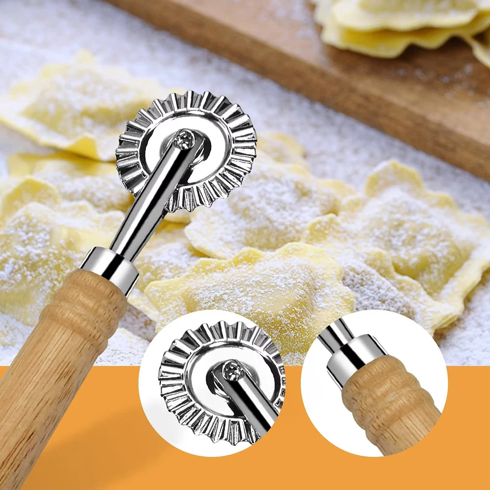 Baking Tool Dough Cookie Cutters Ravioli Cutter Wheel Pastry Wheel Cutters with Long Wooden Handle Cookie Press Embossing Mold Kitchen Baking Accessories