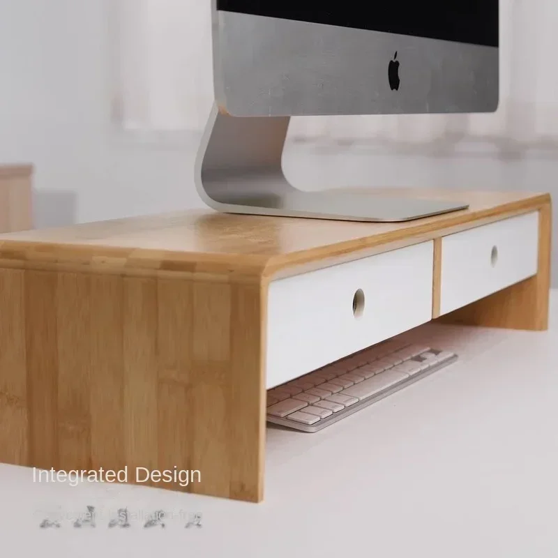Computer Monitor Elevated Rack Desktop Bamboo Storage Drawer Shelving Desk Storage Cabinet