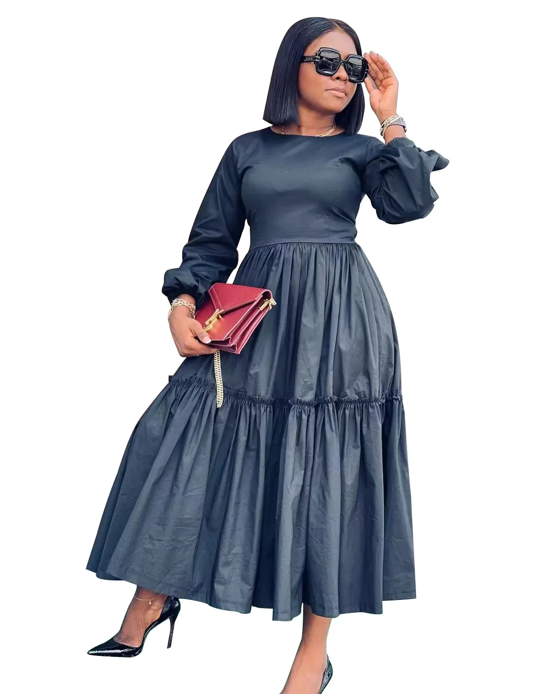 Elegant Women Casual Dresses Solid Color O-Neck Lantern Sleeve High Waist Sashes Ankle-length Pleated Dress Autumn 2022 New african dress style
