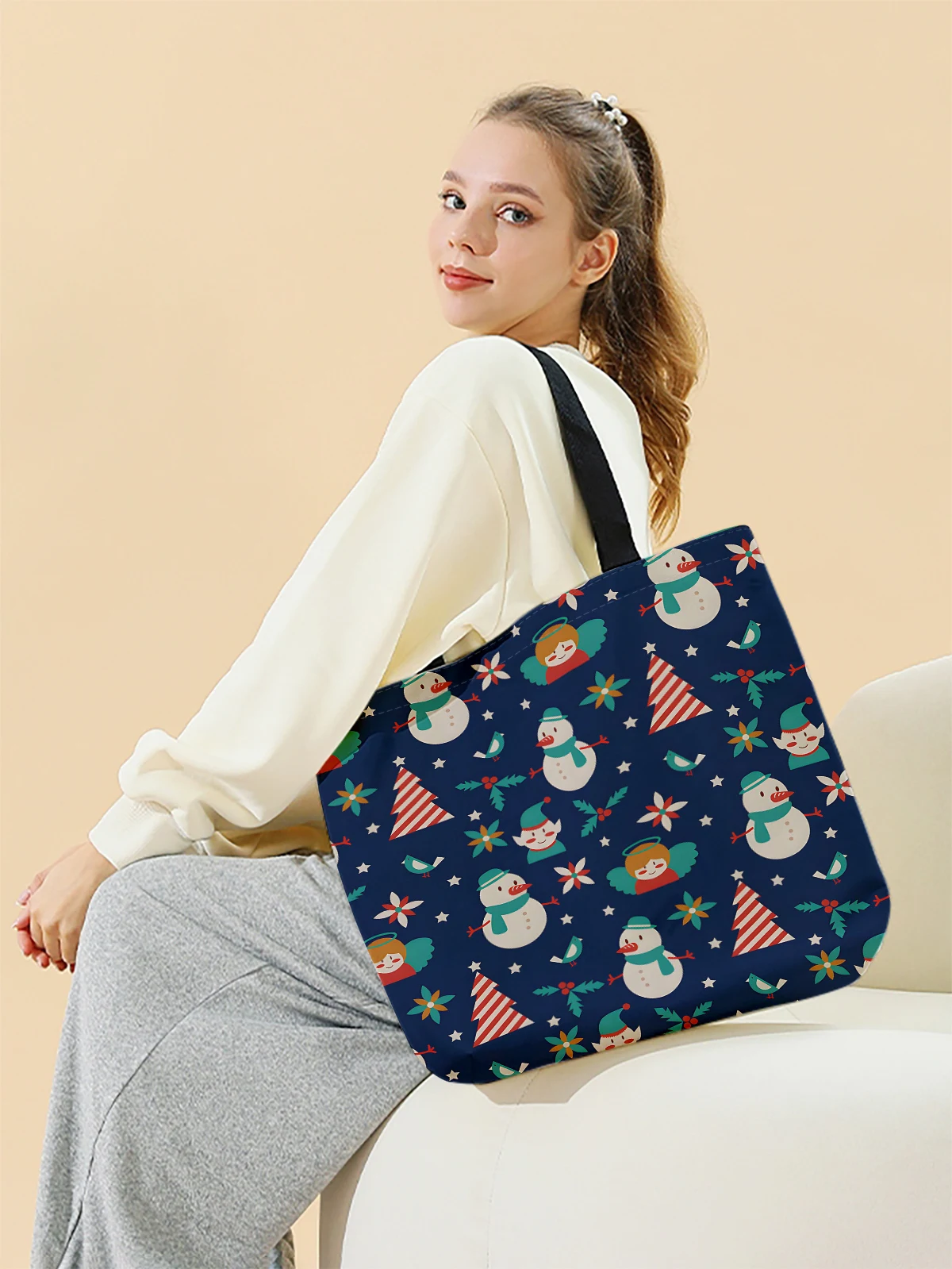 Christmas themed printed casual handbag, reusable fashionable backpack, multifunctional handbag, canvas shopping bag