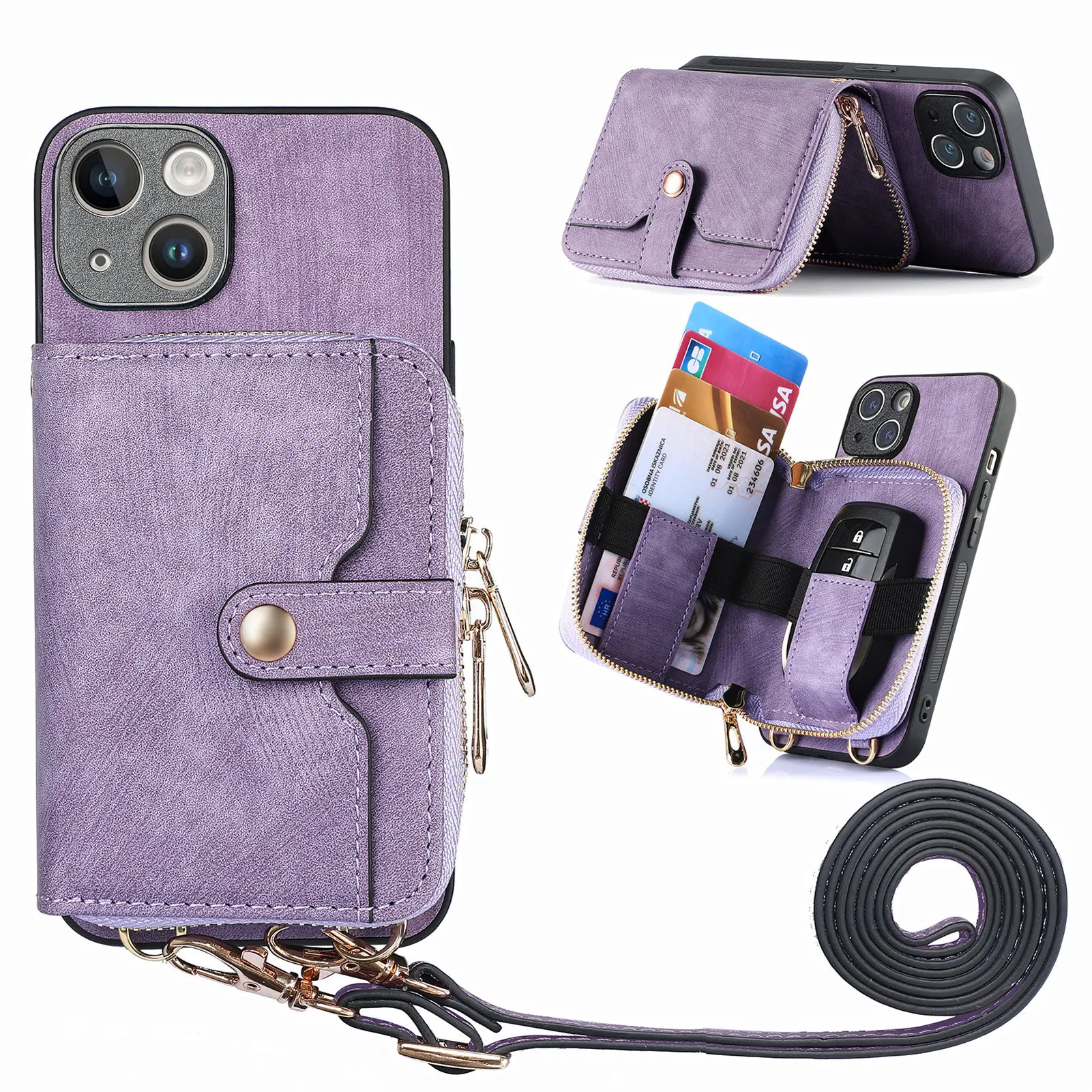 

Кожаный чехол для iPhone 15 Pro Max/15 Plus/15 Pro/15, чехол-бумажник на молнии [блокировка RFID] со шнурком через плечо