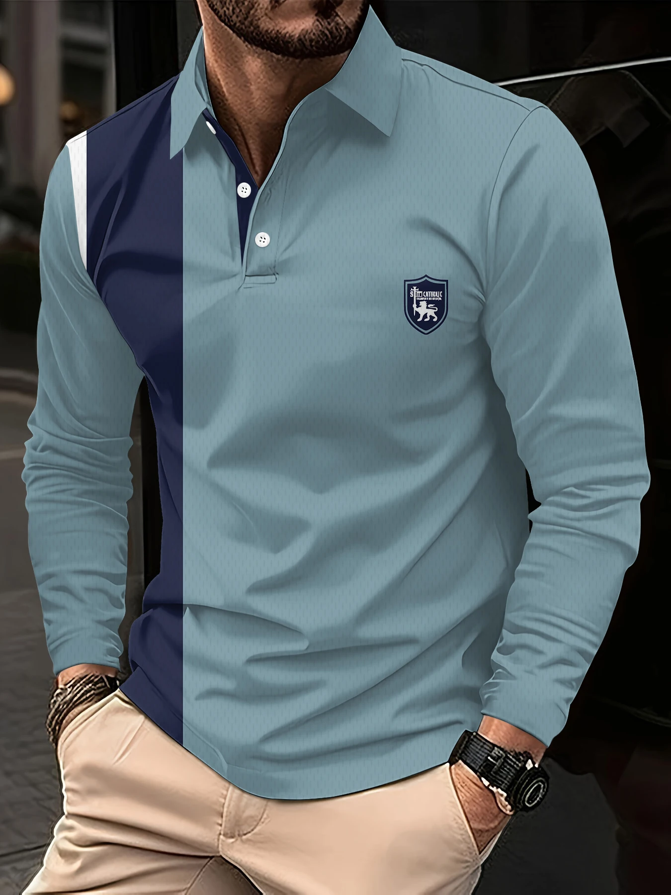 חולצת גולף לגברים לעבודה בסגנון קז'ואל עם שרוולים ארוכים, בסיסית ומודרנית עם כפתורים פשוטים, מתאימה לעונות האביב והסתיו, בגדי גולף לגברים