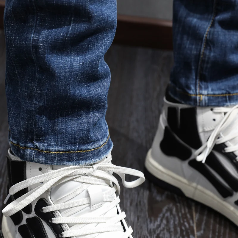 Fashion Designer Men Jeans Retro Blue Elastic Slim Stretch Ripped Jeans Men Painted Trousers Street Vintage Denim Pants Hombre