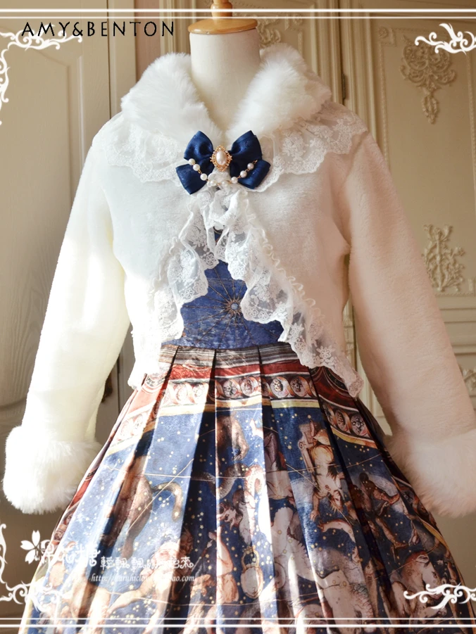 

Japanese Sweet Cute Bow Lace Printed Plush Lapel Lolita Coat Autumn Winter New Warm Thick Soft Pure Color Kawaii Short Jackets