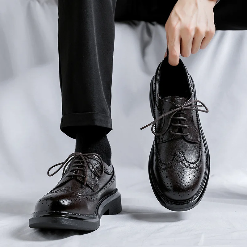 

mens fashion business wedding formal dress genuine leather shoes black brown lace-up carved brogue shoe breathable mans footwear