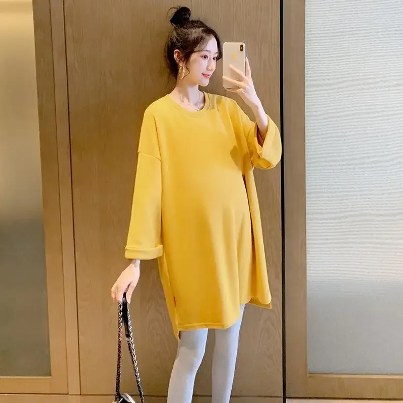 루즈핏 단색 티셔츠 2 종 세트, 크루넥 여성 아웃웨어, 트렌디 마미 티, 출산 패션, 가을 겨울