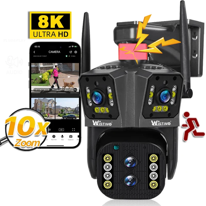 

Система видеонаблюдения Wistino 8K Наружная с 10-кратным оптическим зумом, Wi-Fi, камера безопасности 8 Мп, сетевая камера с четырьмя объективами Ptz